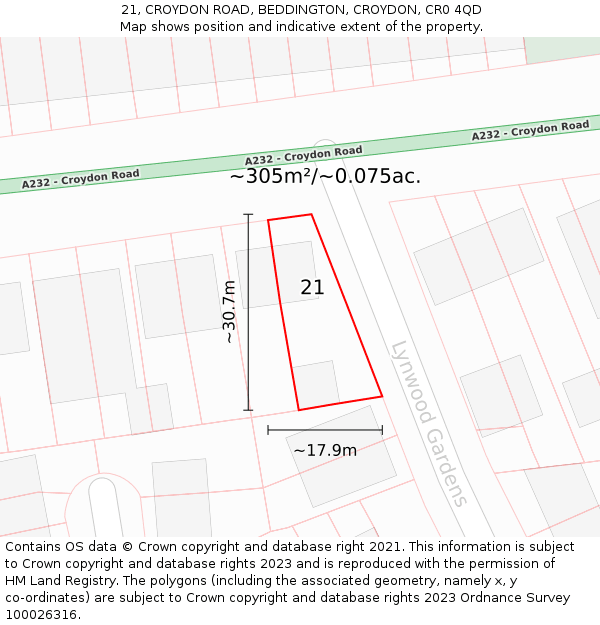 21, CROYDON ROAD, BEDDINGTON, CROYDON, CR0 4QD: Plot and title map
