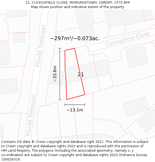 21, CUCKOOFIELD CLOSE, MORGANSTOWN, CARDIFF, CF15 8FR: Plot and title map