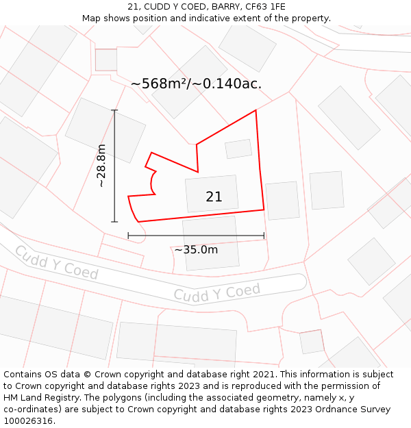 21, CUDD Y COED, BARRY, CF63 1FE: Plot and title map