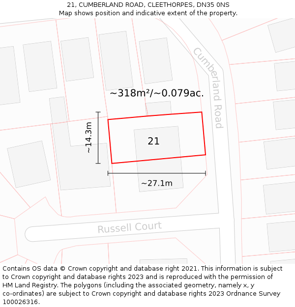 21, CUMBERLAND ROAD, CLEETHORPES, DN35 0NS: Plot and title map