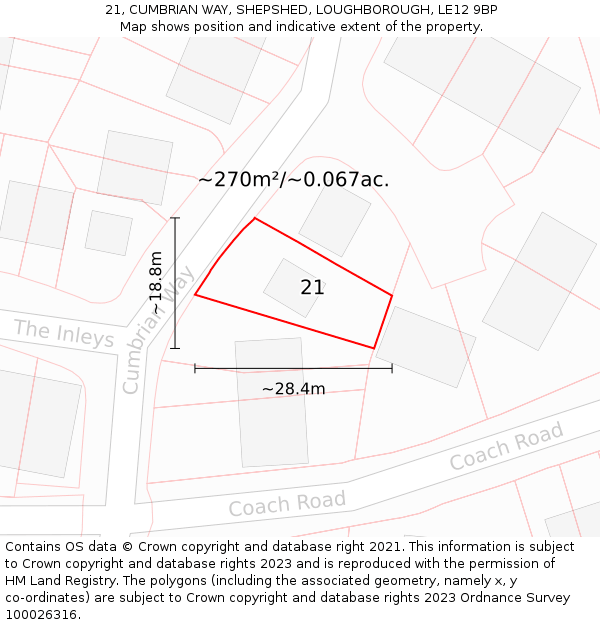 21, CUMBRIAN WAY, SHEPSHED, LOUGHBOROUGH, LE12 9BP: Plot and title map