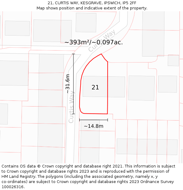 21, CURTIS WAY, KESGRAVE, IPSWICH, IP5 2FF: Plot and title map