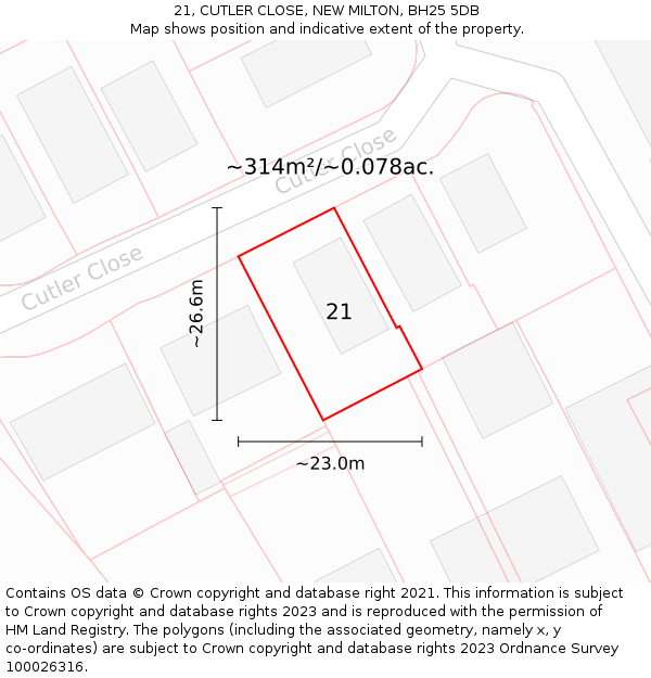 21, CUTLER CLOSE, NEW MILTON, BH25 5DB: Plot and title map