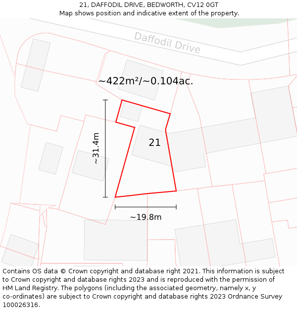 21, DAFFODIL DRIVE, BEDWORTH, CV12 0GT: Plot and title map