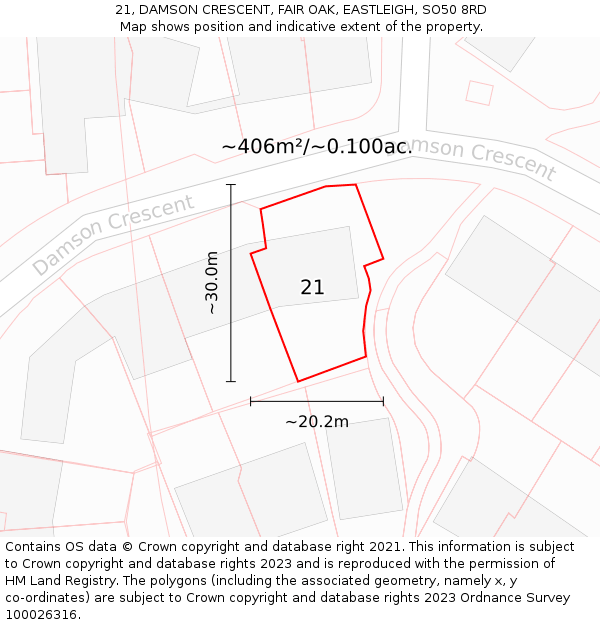 21, DAMSON CRESCENT, FAIR OAK, EASTLEIGH, SO50 8RD: Plot and title map