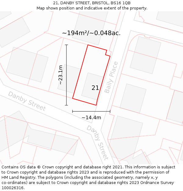 21, DANBY STREET, BRISTOL, BS16 1QB: Plot and title map