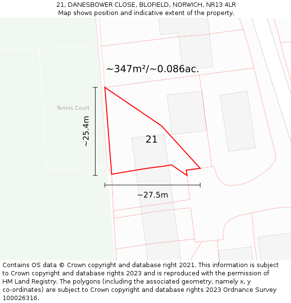 21, DANESBOWER CLOSE, BLOFIELD, NORWICH, NR13 4LR: Plot and title map