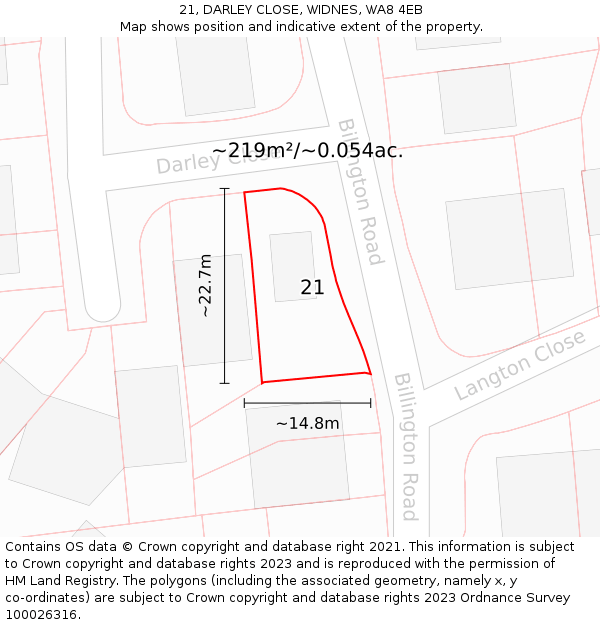 21, DARLEY CLOSE, WIDNES, WA8 4EB: Plot and title map