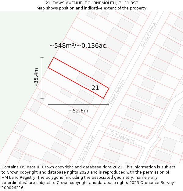 21, DAWS AVENUE, BOURNEMOUTH, BH11 8SB: Plot and title map