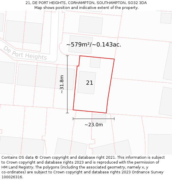 21, DE PORT HEIGHTS, CORHAMPTON, SOUTHAMPTON, SO32 3DA: Plot and title map