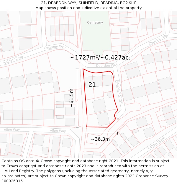 21, DEARDON WAY, SHINFIELD, READING, RG2 9HE: Plot and title map