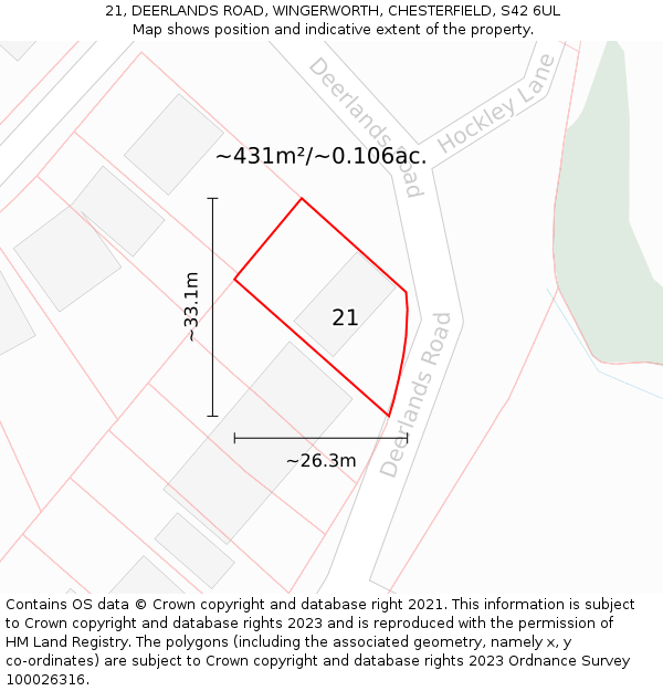 21, DEERLANDS ROAD, WINGERWORTH, CHESTERFIELD, S42 6UL: Plot and title map