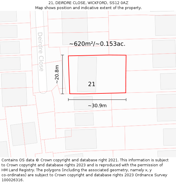 21, DEIRDRE CLOSE, WICKFORD, SS12 0AZ: Plot and title map
