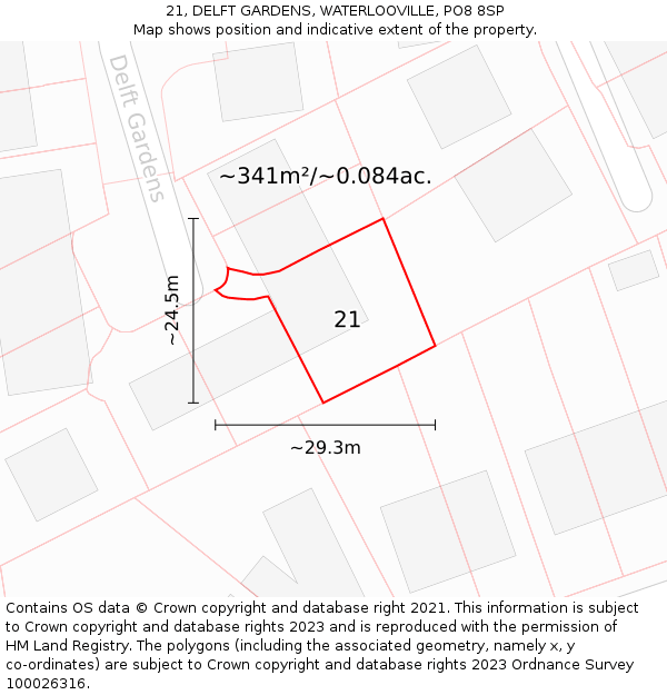 21, DELFT GARDENS, WATERLOOVILLE, PO8 8SP: Plot and title map