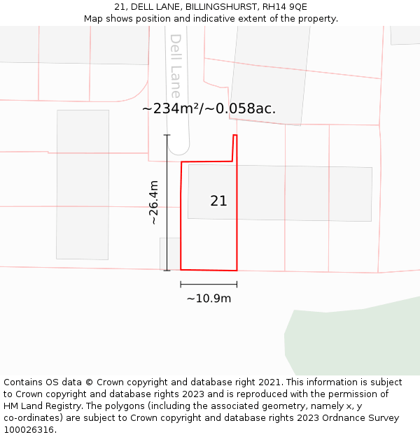 21, DELL LANE, BILLINGSHURST, RH14 9QE: Plot and title map