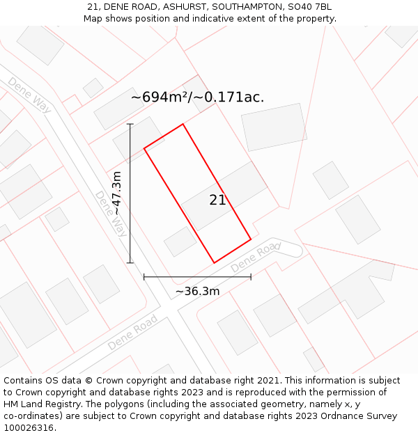 21, DENE ROAD, ASHURST, SOUTHAMPTON, SO40 7BL: Plot and title map