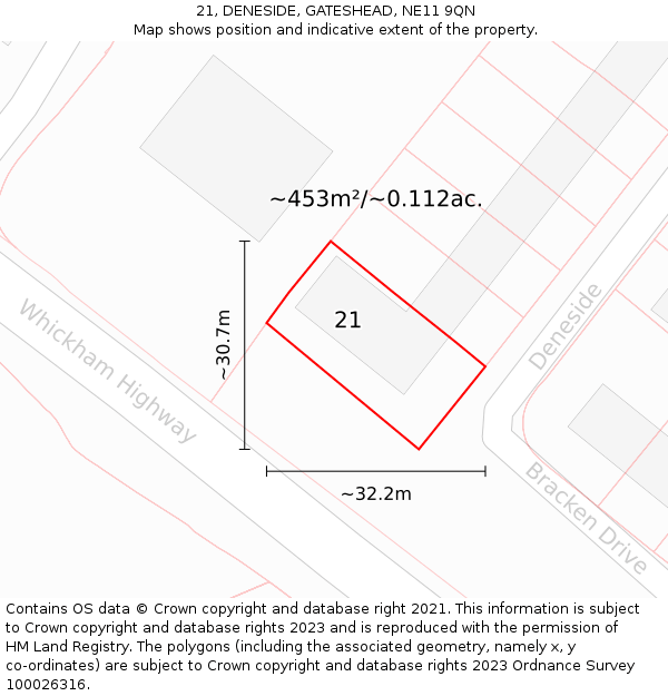 21, DENESIDE, GATESHEAD, NE11 9QN: Plot and title map