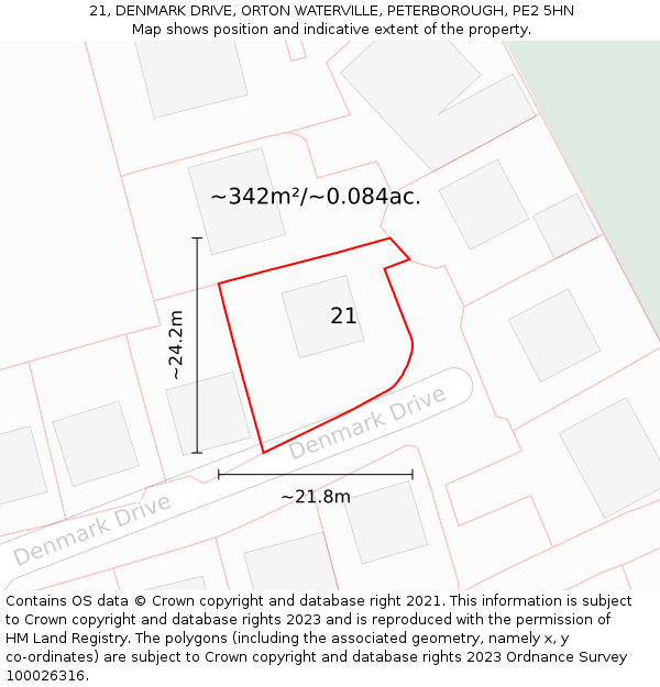 21, DENMARK DRIVE, ORTON WATERVILLE, PETERBOROUGH, PE2 5HN: Plot and title map