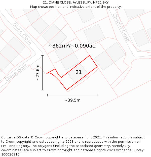 21, DIANE CLOSE, AYLESBURY, HP21 9XY: Plot and title map