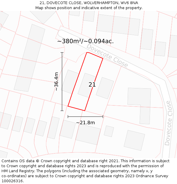 21, DOVECOTE CLOSE, WOLVERHAMPTON, WV6 8NA: Plot and title map