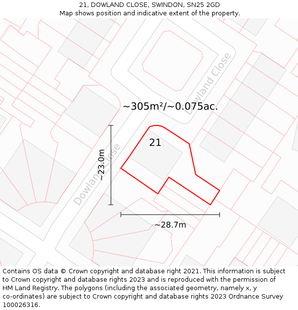 21, DOWLAND CLOSE, SWINDON, SN25 2GD: Plot and title map