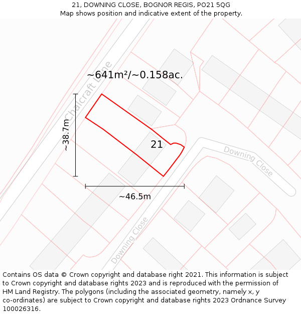 21, DOWNING CLOSE, BOGNOR REGIS, PO21 5QG: Plot and title map