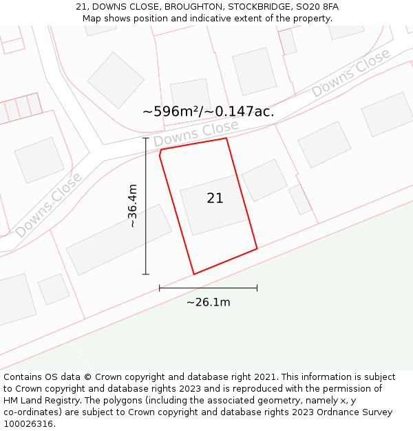 21, DOWNS CLOSE, BROUGHTON, STOCKBRIDGE, SO20 8FA: Plot and title map