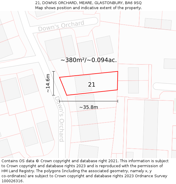 21, DOWNS ORCHARD, MEARE, GLASTONBURY, BA6 9SQ: Plot and title map