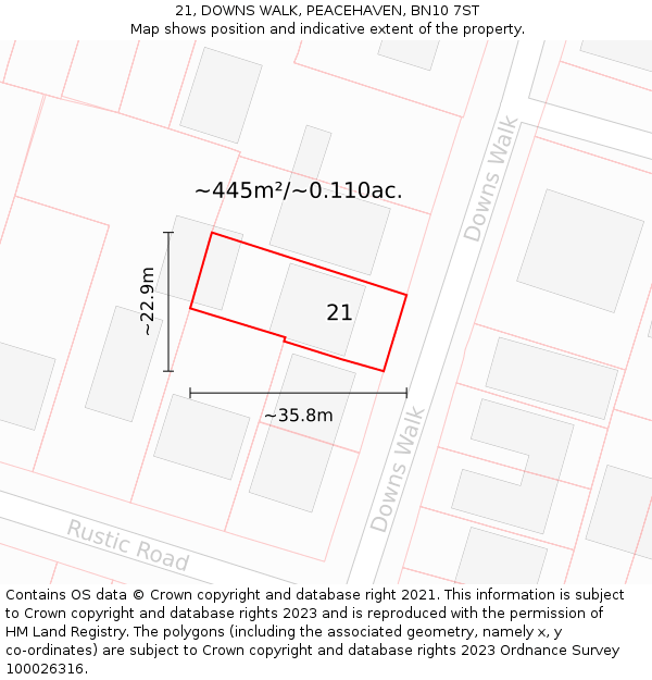 21, DOWNS WALK, PEACEHAVEN, BN10 7ST: Plot and title map