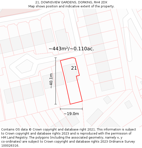 21, DOWNSVIEW GARDENS, DORKING, RH4 2DX: Plot and title map