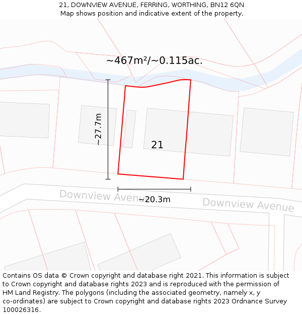 21, DOWNVIEW AVENUE, FERRING, WORTHING, BN12 6QN: Plot and title map