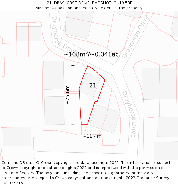 21, DRAYHORSE DRIVE, BAGSHOT, GU19 5RF: Plot and title map