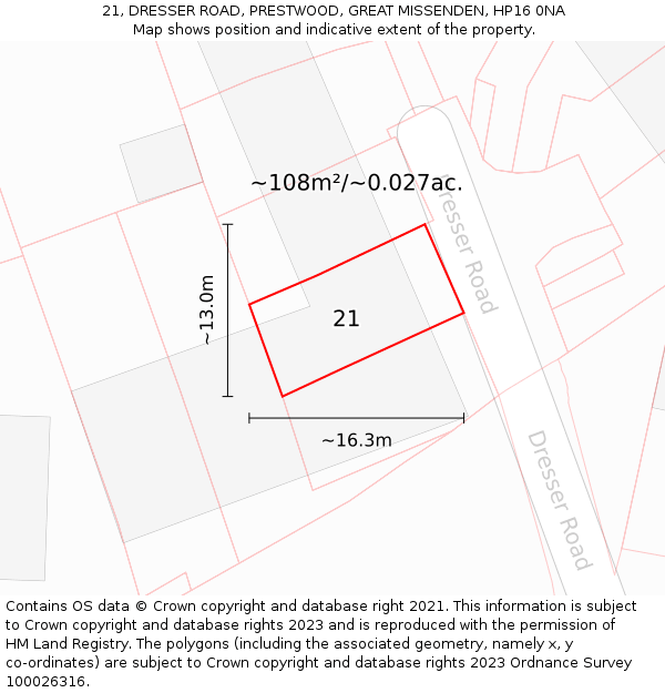 21, DRESSER ROAD, PRESTWOOD, GREAT MISSENDEN, HP16 0NA: Plot and title map