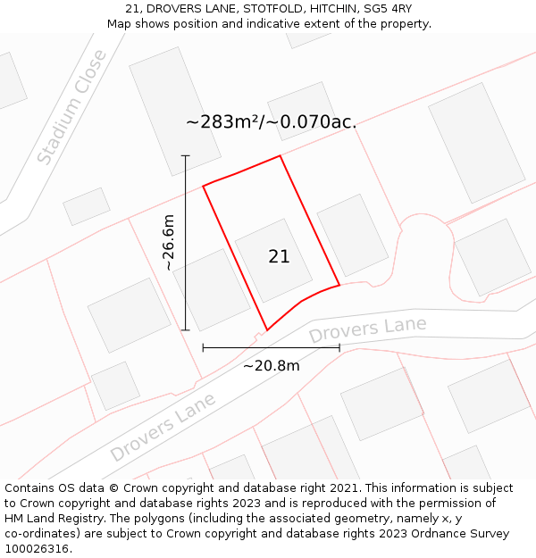 21, DROVERS LANE, STOTFOLD, HITCHIN, SG5 4RY: Plot and title map