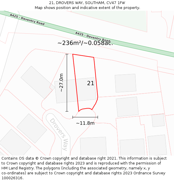 21, DROVERS WAY, SOUTHAM, CV47 1FW: Plot and title map