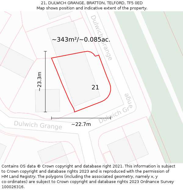 21, DULWICH GRANGE, BRATTON, TELFORD, TF5 0ED: Plot and title map