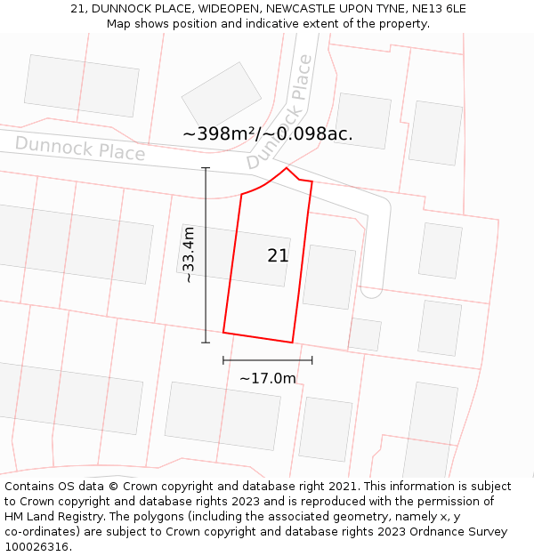 21, DUNNOCK PLACE, WIDEOPEN, NEWCASTLE UPON TYNE, NE13 6LE: Plot and title map