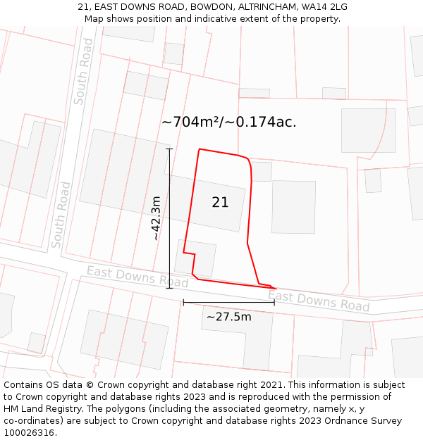 21, EAST DOWNS ROAD, BOWDON, ALTRINCHAM, WA14 2LG: Plot and title map