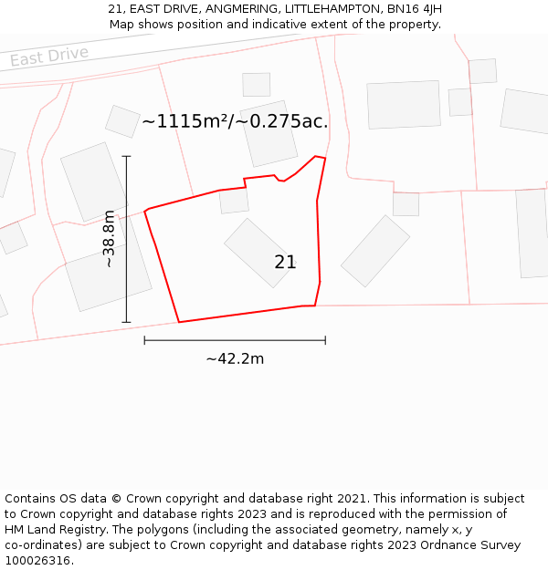 21, EAST DRIVE, ANGMERING, LITTLEHAMPTON, BN16 4JH: Plot and title map