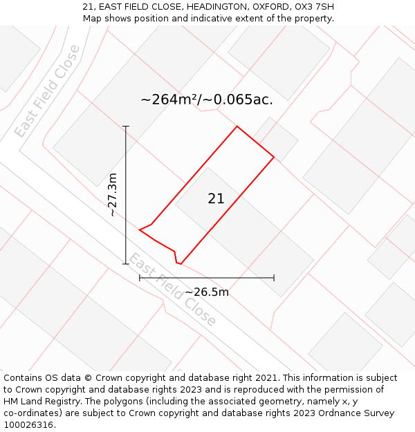 21, EAST FIELD CLOSE, HEADINGTON, OXFORD, OX3 7SH: Plot and title map