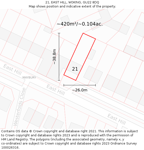 21, EAST HILL, WOKING, GU22 8DQ: Plot and title map