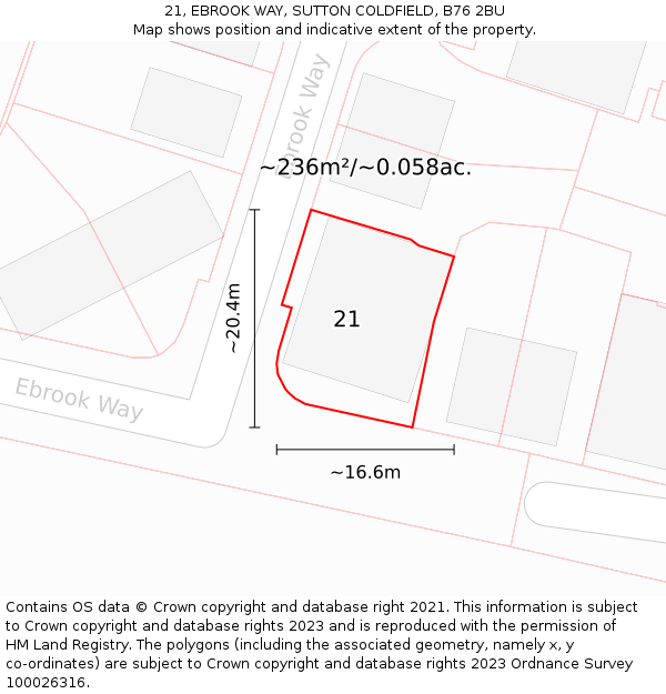 21, EBROOK WAY, SUTTON COLDFIELD, B76 2BU: Plot and title map