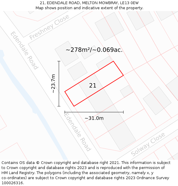 21, EDENDALE ROAD, MELTON MOWBRAY, LE13 0EW: Plot and title map
