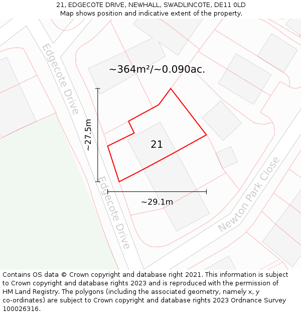 21, EDGECOTE DRIVE, NEWHALL, SWADLINCOTE, DE11 0LD: Plot and title map