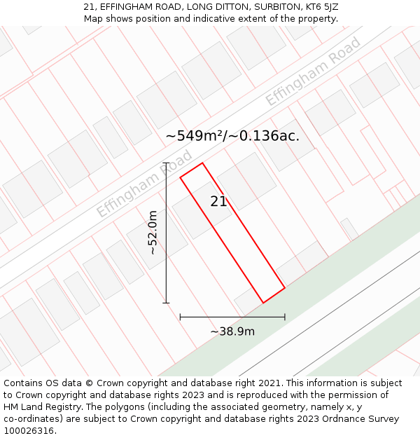 21, EFFINGHAM ROAD, LONG DITTON, SURBITON, KT6 5JZ: Plot and title map