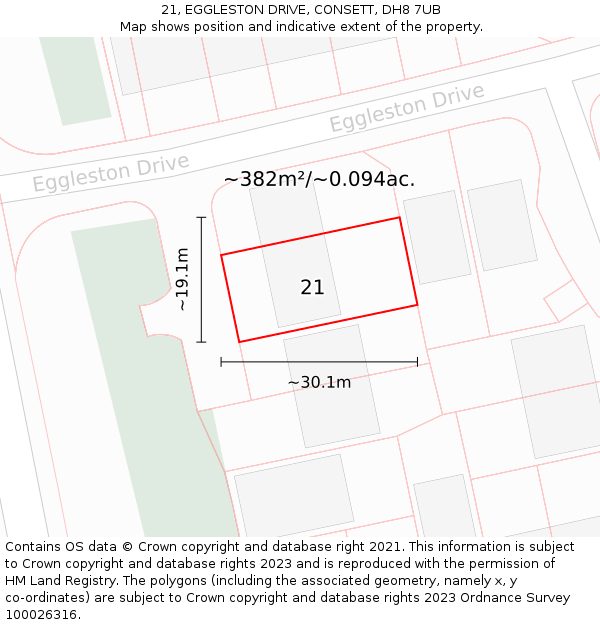 21, EGGLESTON DRIVE, CONSETT, DH8 7UB: Plot and title map