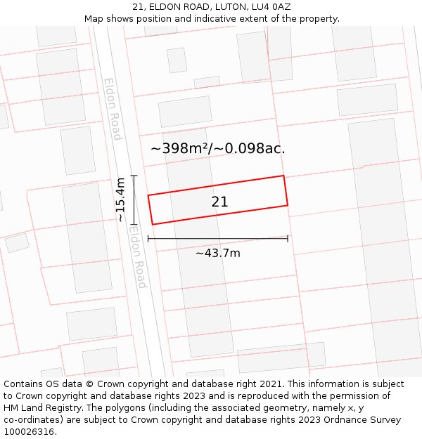 21, ELDON ROAD, LUTON, LU4 0AZ: Plot and title map