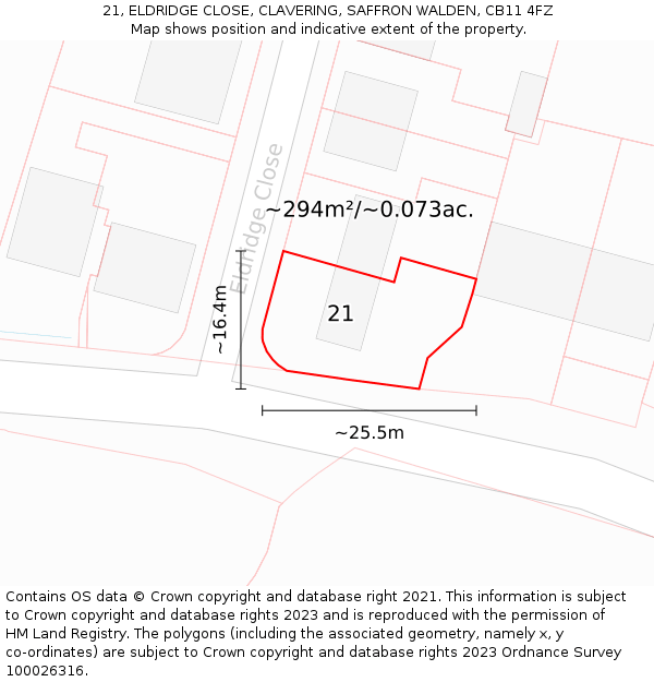 21, ELDRIDGE CLOSE, CLAVERING, SAFFRON WALDEN, CB11 4FZ: Plot and title map