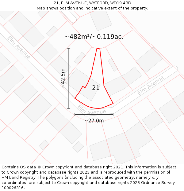 21, ELM AVENUE, WATFORD, WD19 4BD: Plot and title map