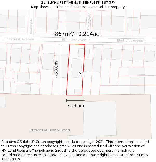 21, ELMHURST AVENUE, BENFLEET, SS7 5RY: Plot and title map